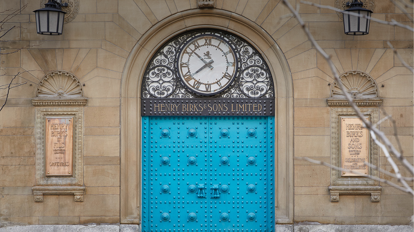 Birks classic blue door at the montreal flagship store