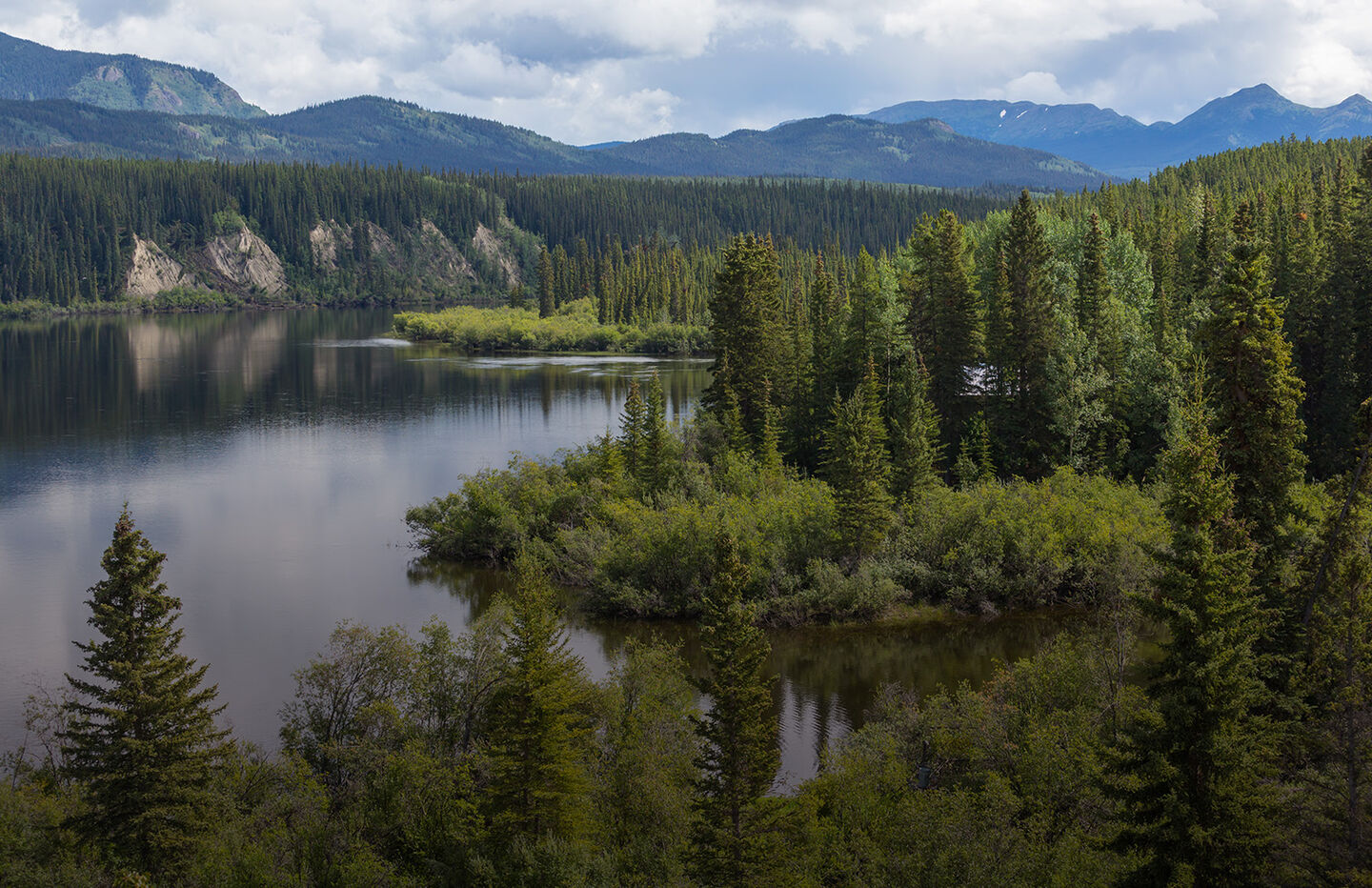 A mountain, forest and river landscape
